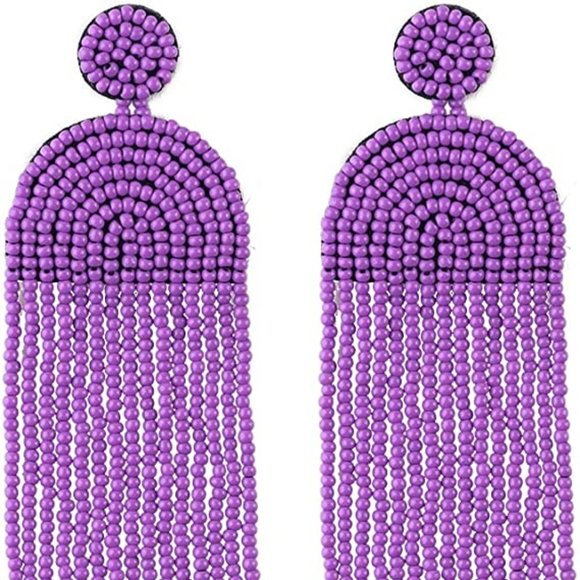Long Lavender 4.5" Art Deco Oversized Earrings New Beaded Bohemian Tassel Fringe - Picture 3 of 6